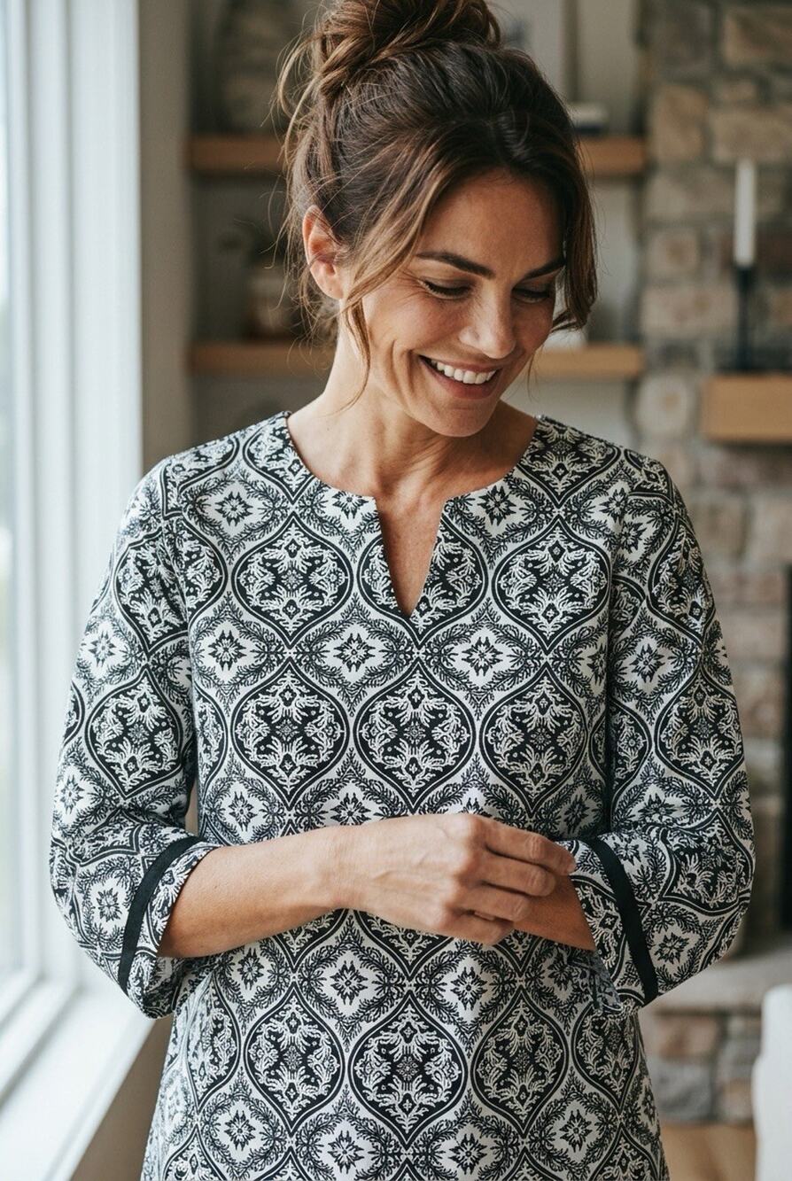 Croft & Barrow Women's Black White Damask Tunic Size M 3/4 Sleeve Top Medallion